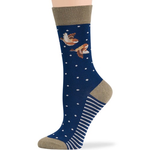 Women Bamboo Patterned Dress Crew Socks L 4 Pack Heart Birds Blue Khaki Beige - Picture 3 of 12