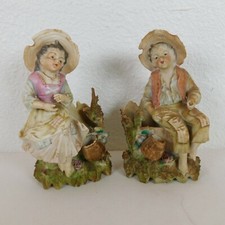 Set of 2 Vintage Planters Man Woman Boy Girl Mossy Fence Patches Sitting FLAW