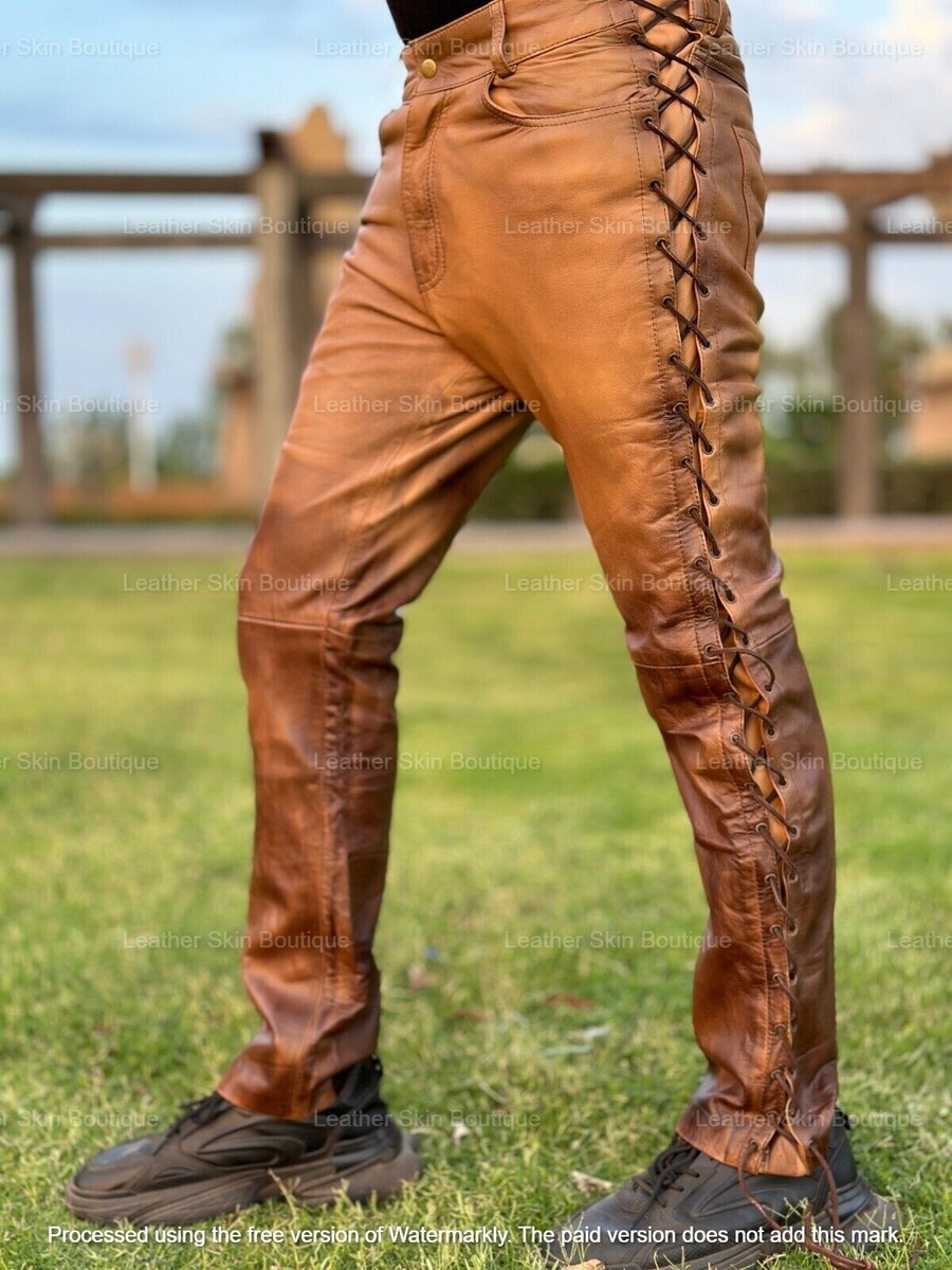 Men Leather Leather Pants With Strings On The Side Men's Vintage
