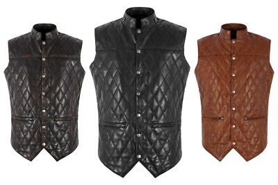 Herren Gesteppte Lammleder Leder Weste Klassische Rautenform Gilet Weste Daniel