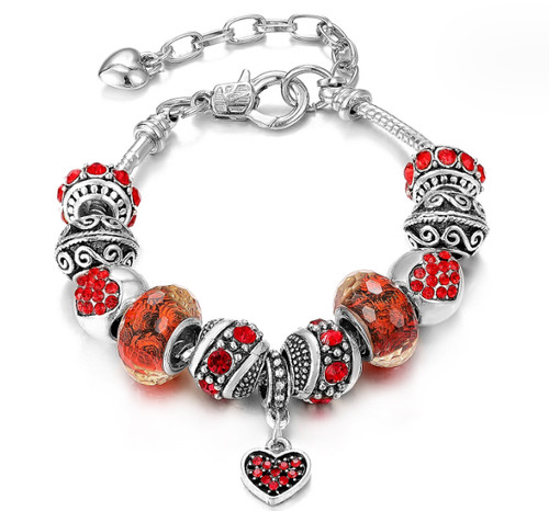 18K Gold Plated Heart Red CZ Murano Charm Bracelet Made with Swarovski Elements