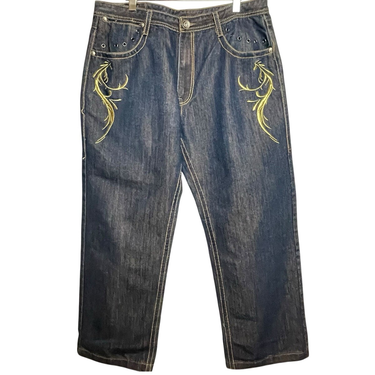 Vtg Y2K Delf Trading Imperious Mens Embroidered Blue Denim Skulls