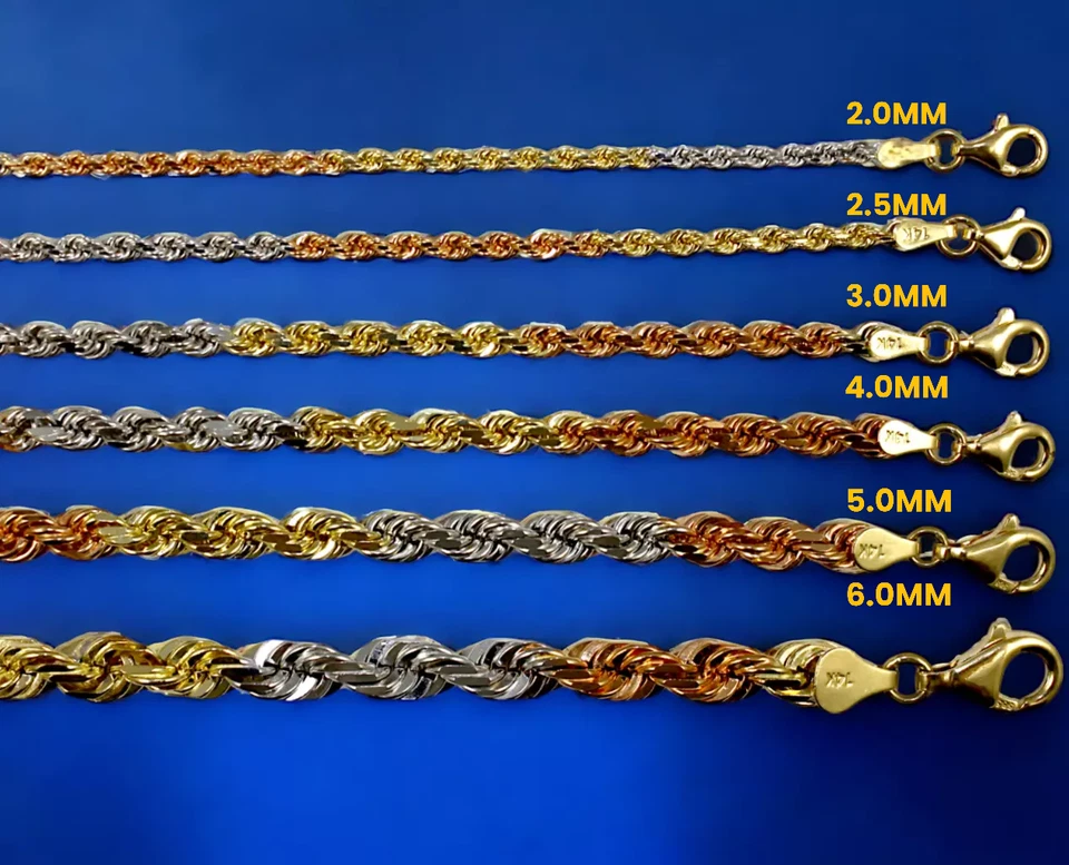 14K 三色金色实心绳链项链手链真金 2 毫米 - 6 毫米 7 英寸 - 30 — 第 2/4 张图片