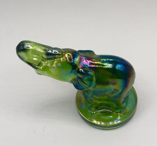 Green Art Glass Elephant Iridescent Oil Slick Figurine Trunk Up 3” - Picture 4 of 7