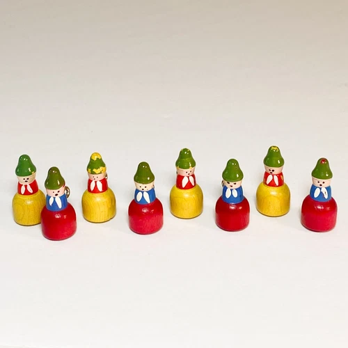 Vintage Switzerland Wood Buttons People Set Of 8 Red, Yellow, Green