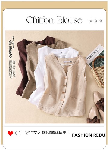 New Loose Solid Color Cotton Linen V-neck Vest Womens Jacket Gilet Waistcoat Top - Picture 7 of 24