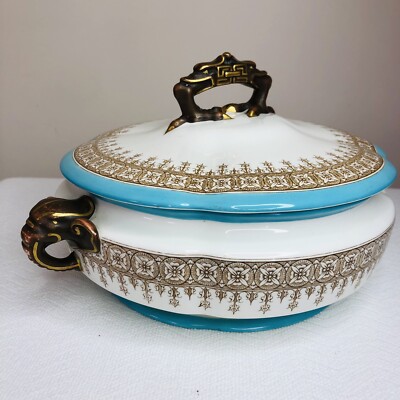 Antique Royal Worcester Turquoise Raj Elephant Serving Dish Covered 1880 s HTF