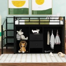 Metal Loft Bed with Staircases & Storage Wardrobe Twin Full Size Loft Bunk Beds