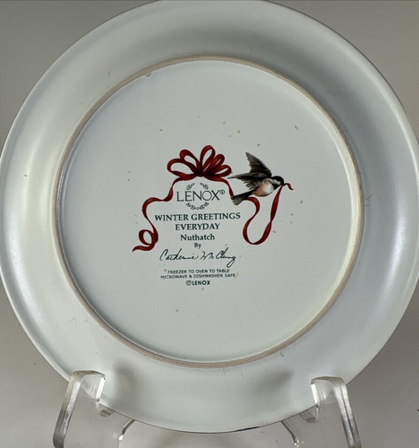 Lenox Winter Greetings Everyday Salad Plates 8.5" Nuthatch Bird Plaid Rim - Picture 4 of 6