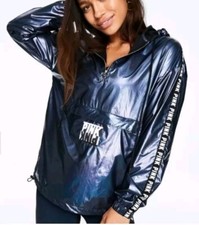 Victoria's Secret PINK M/L Windbreaker Jacket Anorak Iridescent Dark Blue Gray