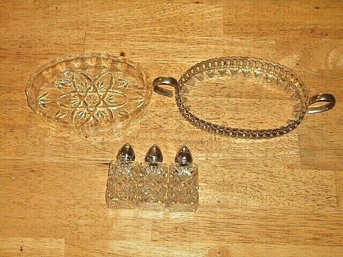 VNTG UNBR CUT GLASS CRUET? SALT & PEPPER SHAKERS 3 PC.SET IN BOWL w/SILVER? DECO - Picture 4 of 11