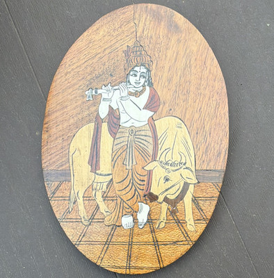 Oval Wooden Hanging Wall Plaque Krishna Playing Flute with Cow Vertical