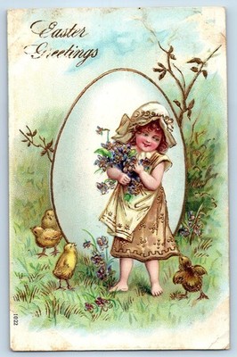 1908 Easter Greetings Child Girl With Flowers Chicks Embossed Antique Postcard