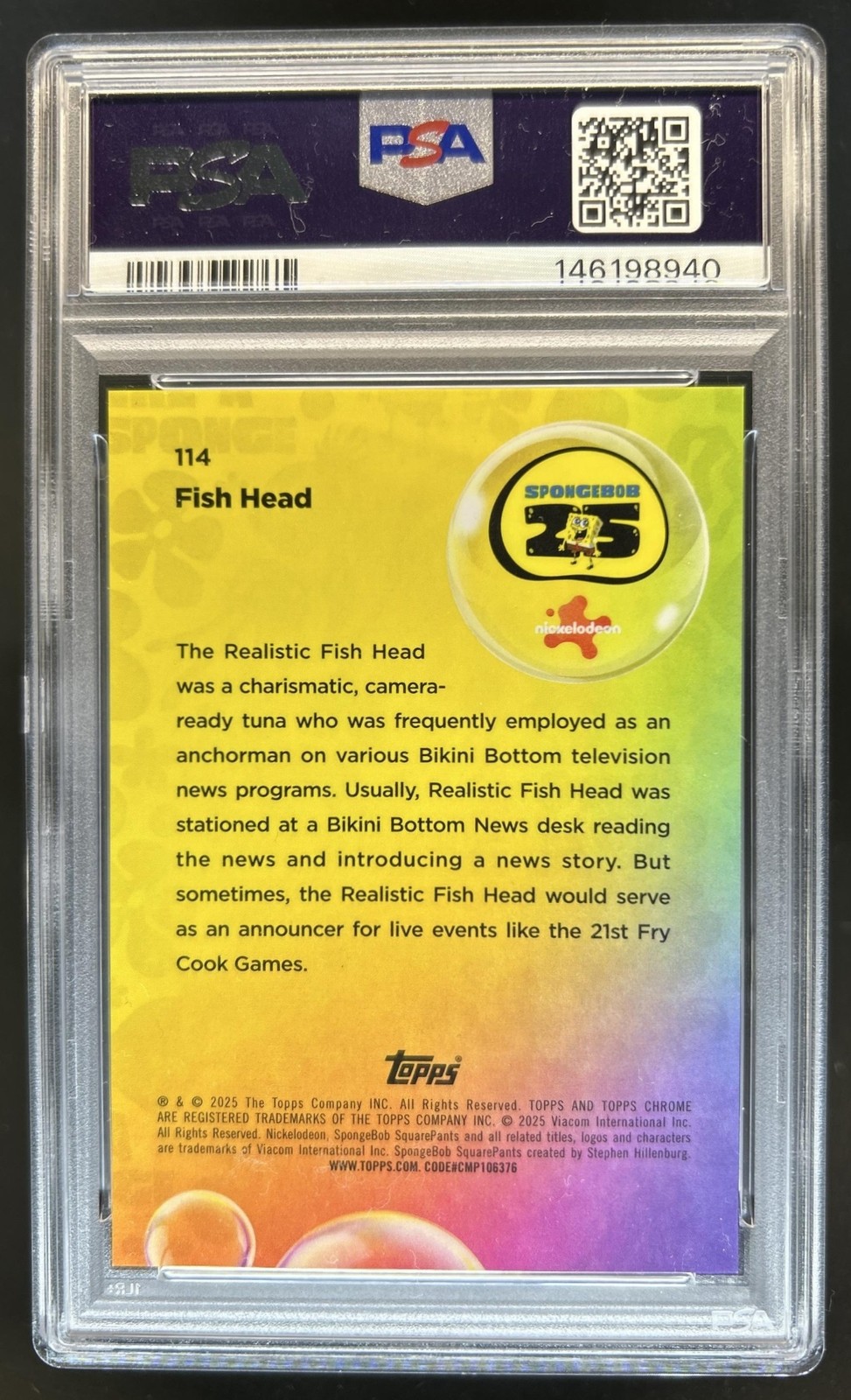 2025 Topps Chrome SpongeBob Squarepants Fish Head Gold Refractor #/50 PSA 10 view 2