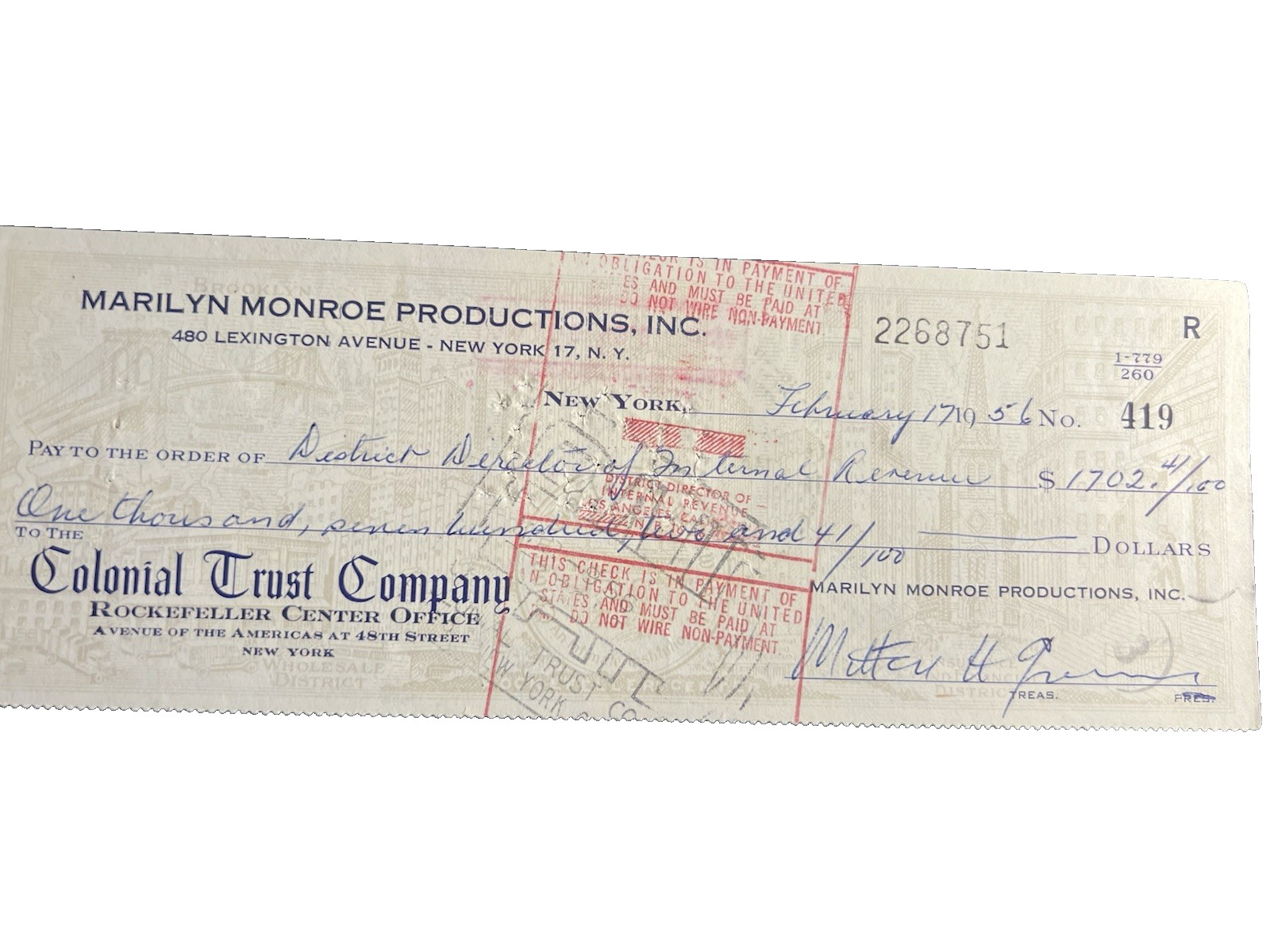 MARILYN MONROE PROD. ORIG. 1956 CHECK PAYABLE TO "INTERNAL REVENUE SERVICE"!!!!!