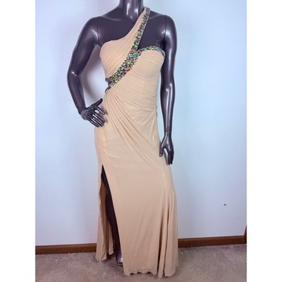La Femme Prom Formal Dress One Shoulder Crystal Ruched Gown Peach Beige 4 Slit