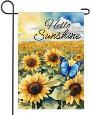 Spring Summer Garden Flag 12X18 Inch Double Sided Hello Sunshine Butterfly Sunfl