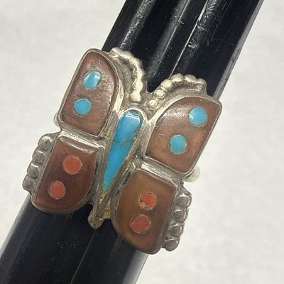 ZUNI INLAY STERLING SILVER BUTTERFLY RING Size 7.5  Native American