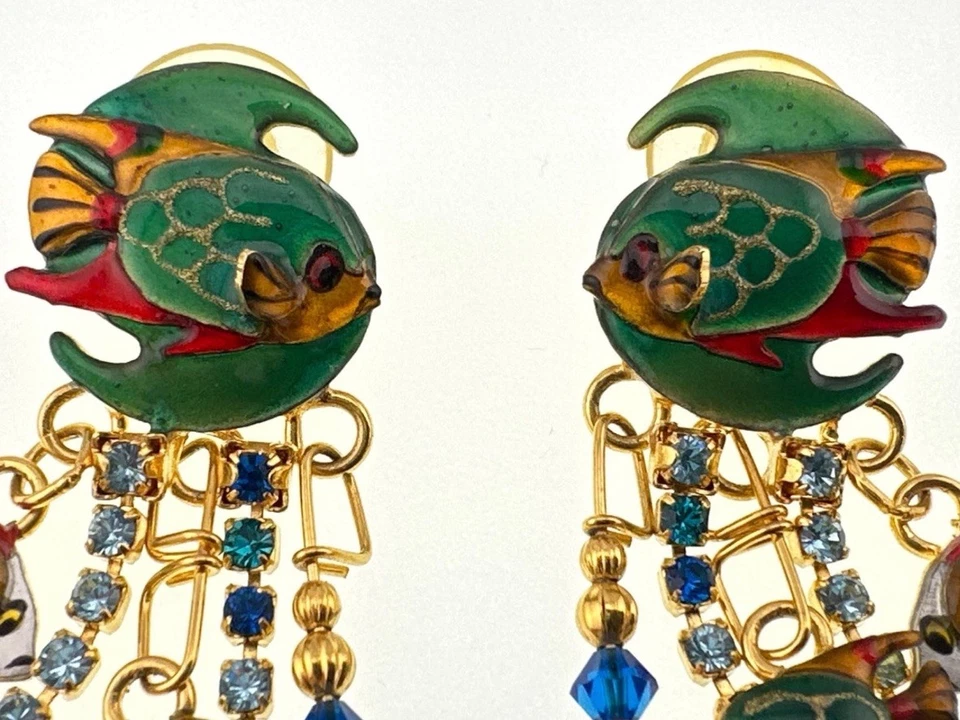 Lunch at the Ritz Fish Enamel Gold Silver Pierced Earrings - Image 2 of 4
