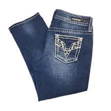 Vigoss The Chelsea Women's Blue Capri Distressed Rhinestone Jeans Size 11/12