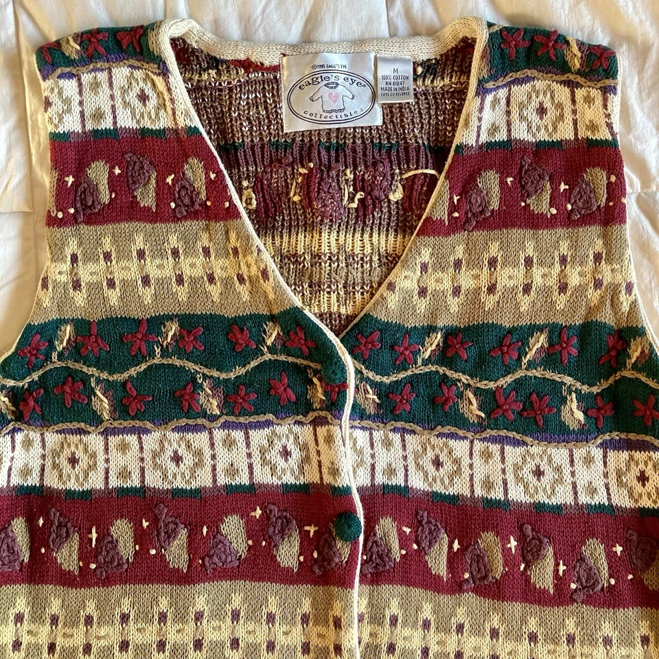 De Colección 1995 Ojo de Águila Tejido Botón Suéter Chaleco Cuello en V Mujeres M Bellota Otoño Rojo Verde Foto 3 de 4