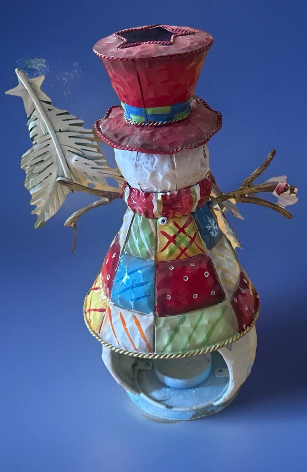 Muñeco de nieve de metal interior del hogar con patrón de vidrieras, sostendrá una luz de té Foto 3 de 4