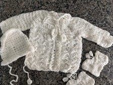Vintage Crochet Baby Set With Coat, Bonnet,  Booties