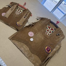 Vintage Adult Kid's Suede Leather Fringed Western Vest Indian Guide FATHER/SON