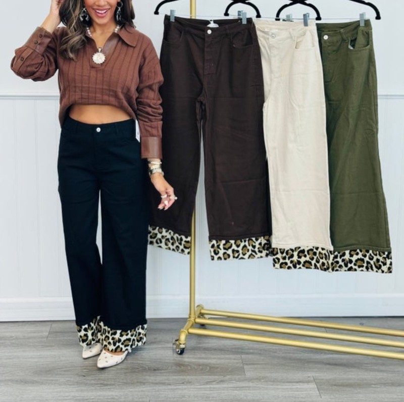 New Entro Olive Leopard Print Wide-Leg Pants Mid Rise Pockets Size M