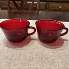 2 Anchor Hocking Royal Ruby Red Glass Coffee Cups Flat Bottom Mug Vintage