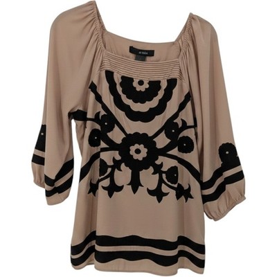 Ali Miles Embroidered Blouse Women Medium Tan Black Floral Boho Pintuck Sleeve