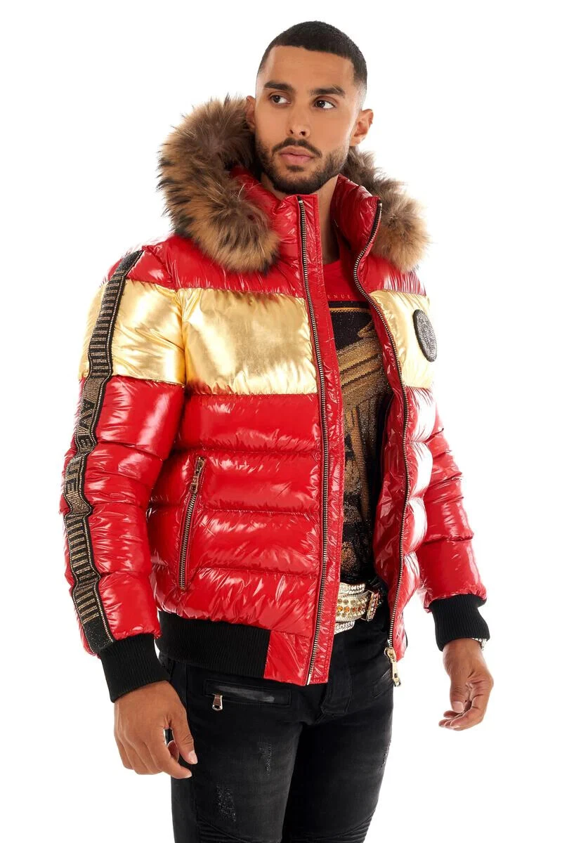 Avenue George V Paris Puffer Jacket Red Gold Rhinestone High Fur