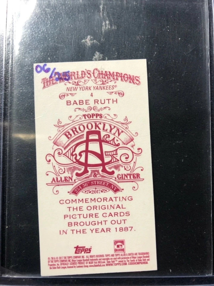 2017 Topps Allen and Ginter Mini Brooklyn Back #4 Babe Ruth /25 New York Yankees - Image 2 of 2