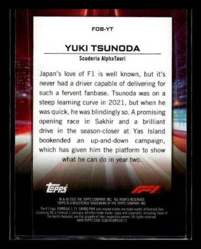 2022 Topps Formula 1 #FOB-YT Yuki Tsunoda Flash of Brilliance - Picture 2 of 2