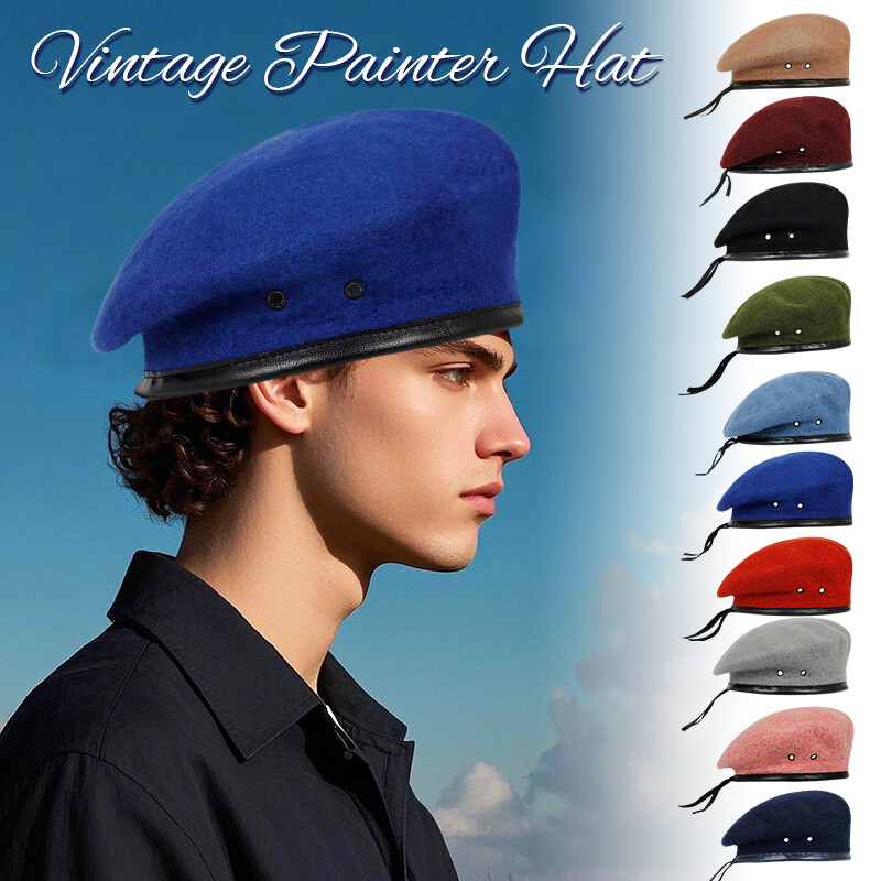 Vintage Faux Wool Beret Hat Adjustable Military Style Retro  display picture 1
