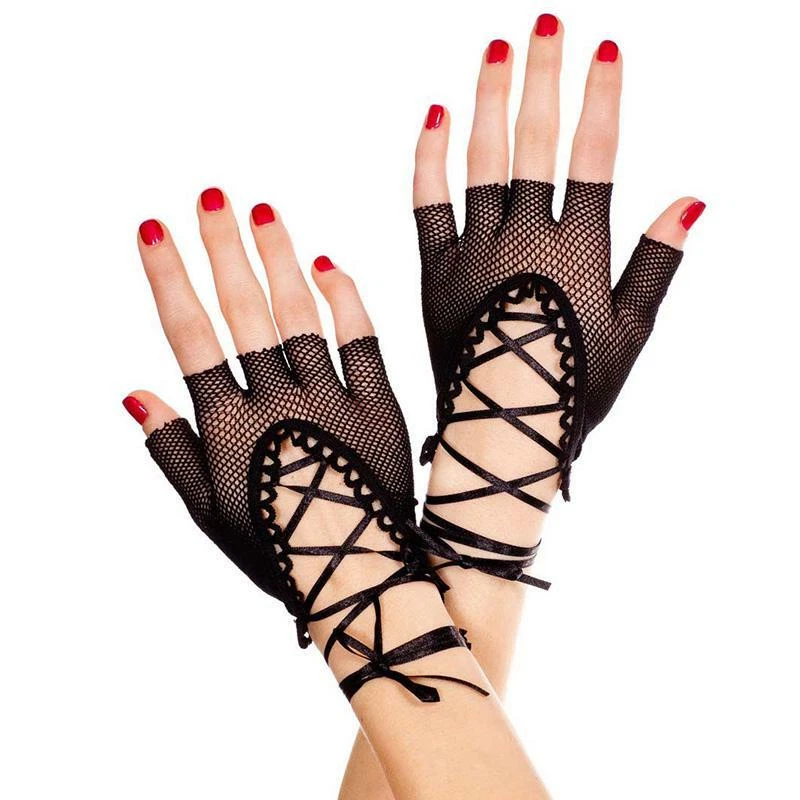 Black Lace up Fingerless Gloves Fancy Dress Gothic Steam Punk Fishnet Mittens - Image 2 of 4