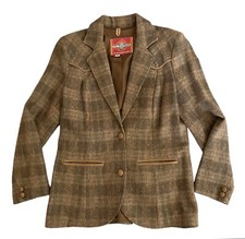 Vtg Ms Pioneer Western Tweed Wool Blazer Womens Size 14 Brown Plaid Jacket Usa