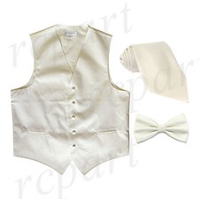 New Men's Solid Tuxedo Vest Waistcoat Necktie Bowtie Set Party Prom Cream