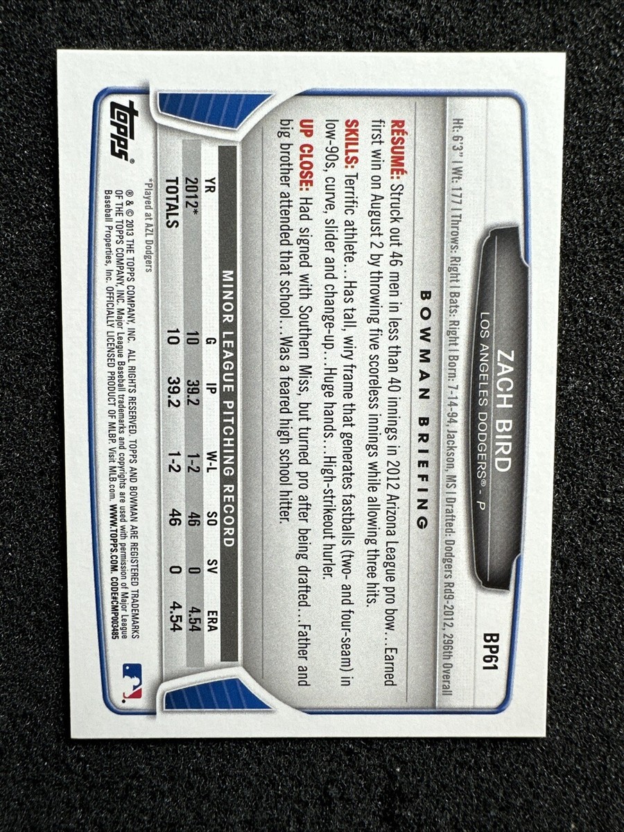 ZACH BIRD #BP61 2013 Bowman QTY Los Angeles Dodgers | eBay