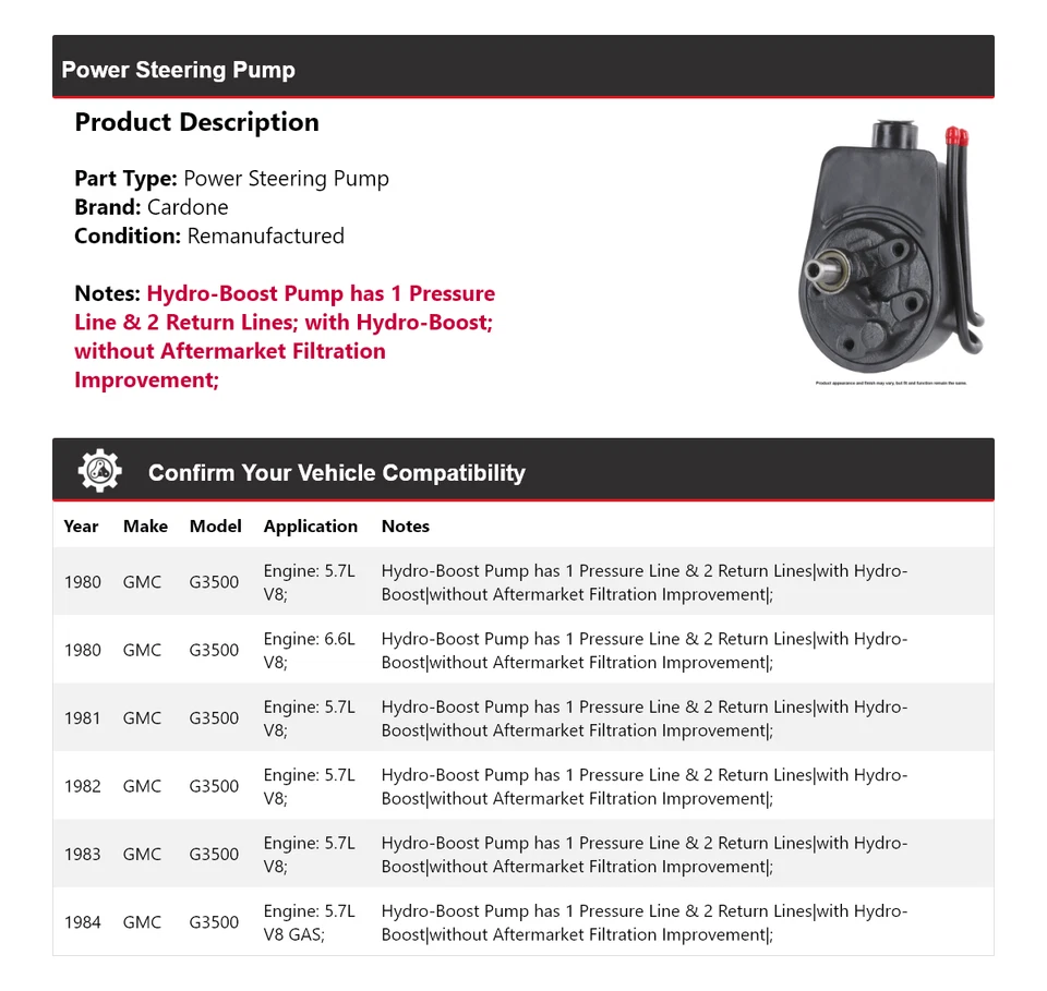Bomba de dirección asistida Cardone 1981 1982 1983 para GMC G3500 1980-1984 Foto 2 de 4