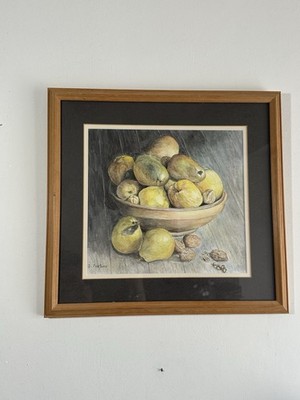 D Fortune Aquarell Stillleben Obstschale gerahmter Druck Birnen Vintage Wandbild