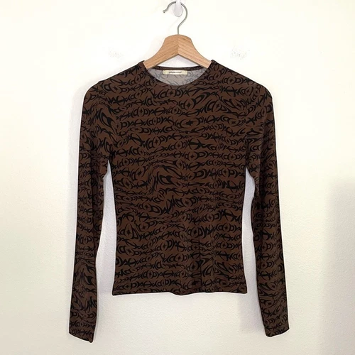 Paloma Wool 90s Tattoo Long Sleeve Fitted Top Tribal Crewneck Tee Brown Black XS