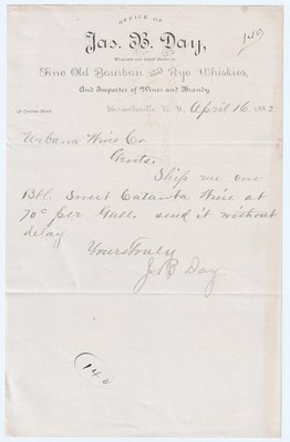 Bourbon Rye Whisky Wine Brandy Billhead SIGNED James B Day Hornellsville NY 1882