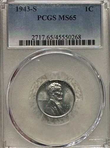 1943-S Steel Lincoln Wheat Penny One Cent  PCGS MS65 Good shine