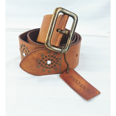 LINEA PELLE Genuine Leather Embellished Belt, Sz S Linea Pelle Leather Gold Metallic Embellished Belt Size S | eBay main image 3