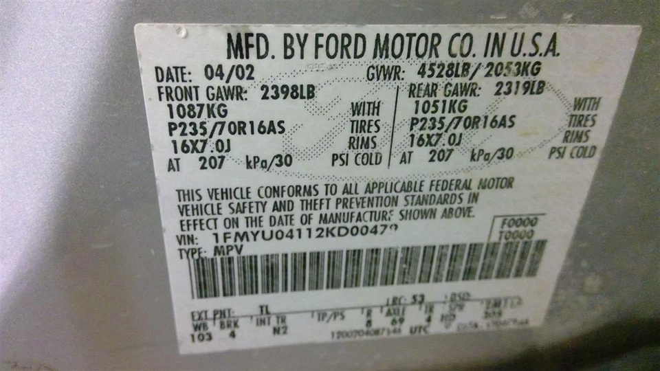 Ford Escape 2002 3.0L Engine VIN 1 8th Digit 1L8Z6007CA 1380 — 第 4/4 张图片