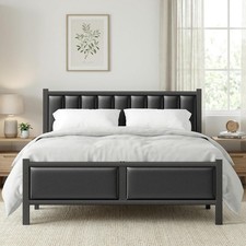 Frost IX Double Bed Frame with Upholstered Headboard, 4Ft6 Metal Beds with Heavy