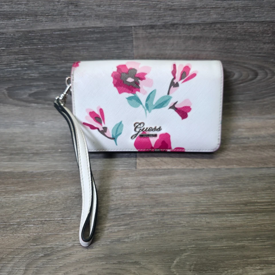 Guess Wallet Wristlet White Pink Faux Leather Floral Pastel Bifold Organizer - Image 4 of 4