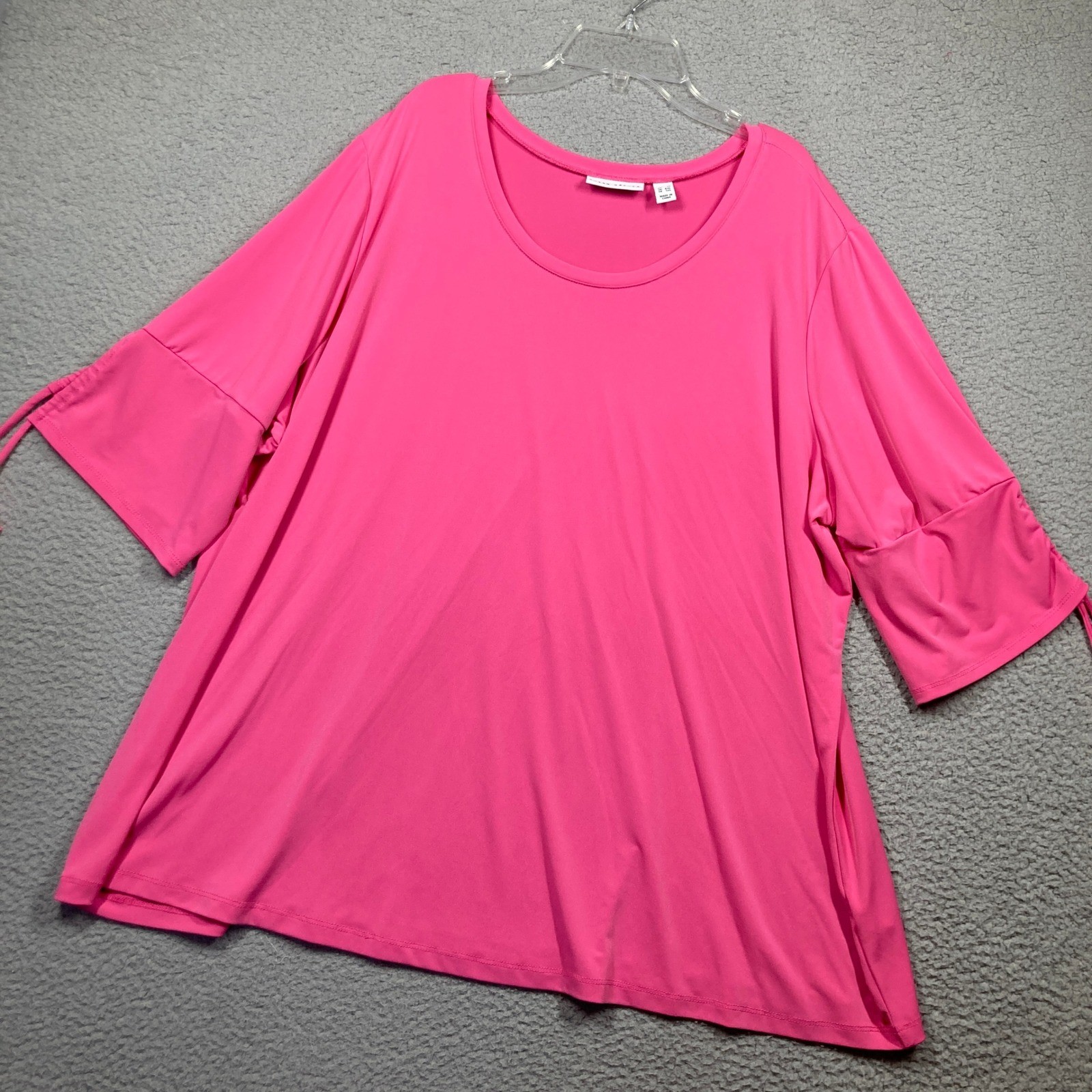 Susan Graver Liquid Knit Top Womens 3X Pink Ruched Drawstring Elbow Sleeve Tunic