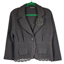 Michael Simon Brown Wool Blazer M Velvet Flower Crochet Trim Cottagecore Artsy